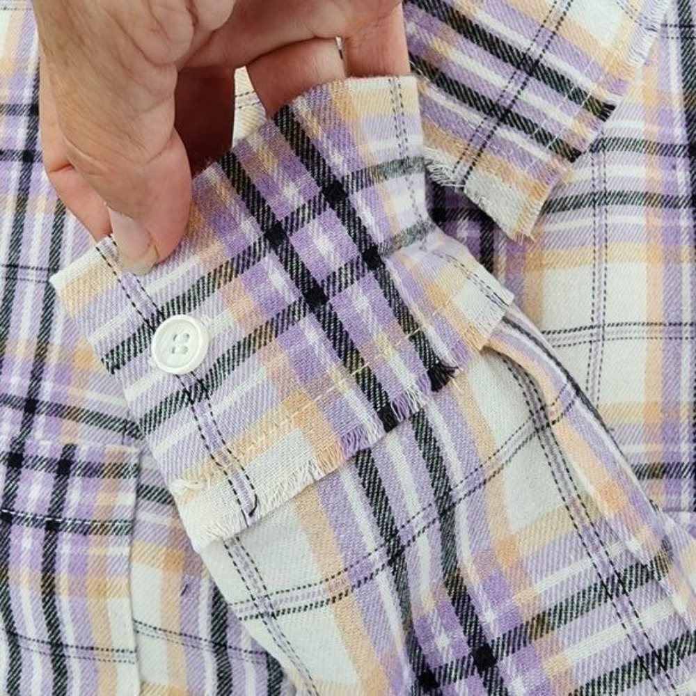 VEVERET Plaid Button Down Long Sleeve Raw Hem Shacket Shirt Lavender M & L NWT - Picture 11 of 16